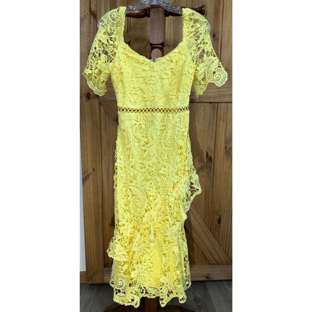 Lulus Yellow Lace Midi Dress Size XS Flutter Sleeve Asymmetrical Hem